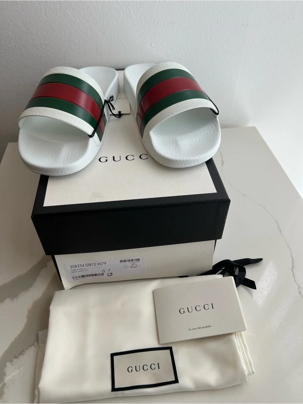 Gucci White Slides with Green & Red Stripes - Luxury Designer Style